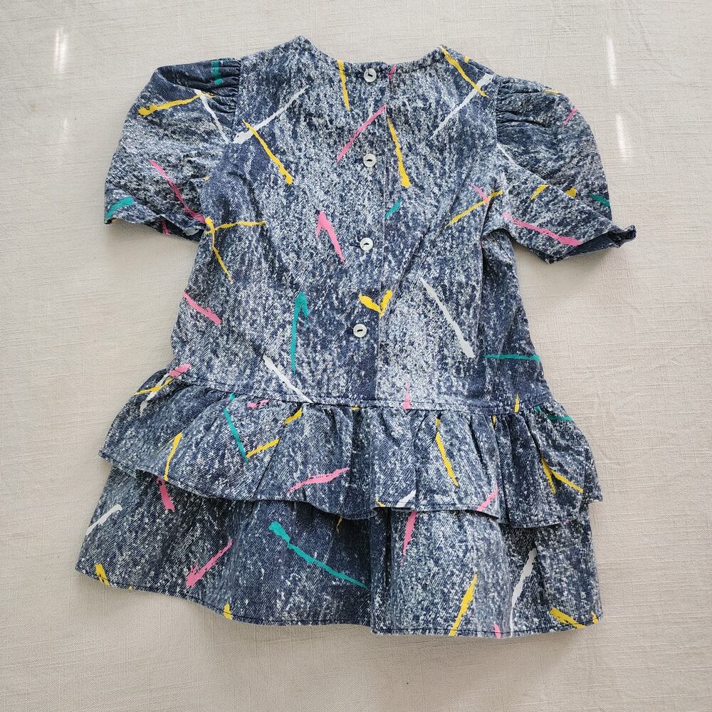 Vintage 80s In Style Girls 4T Dress Paint Splatter Drop Waist Ruffle - Picture 2 of 7